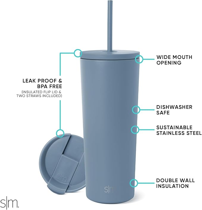 Simple Modern Insulated Tumbler with Lid and Straw | Iced Coffee Cup Reusable Stainless Steel Water Bottle Travel Mug | Gifts for Women Men Her Him | Classic Collection | 24oz | Blue Dune