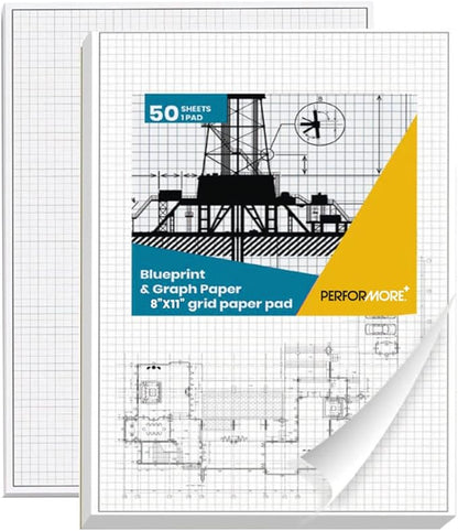 Performore Graph Paper Pad Set 2-Pack 8.5" x 11" White 4x4 Quad Ruled Notepads 50 Double-Sided Sheets per PadEasy-Tear Glue-Top Sheets for Math, Engineering & Classroom Use
