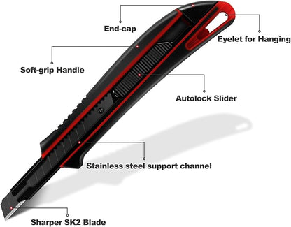 HAUTMEC 9mm Precision Utility Knife, Soft Grip Snap-off Box Cutter, Retractable 9mm Multi-Purpose Cutter for Detailed Cutting in Work, Home Use and Arts Crafts HT0255-KN