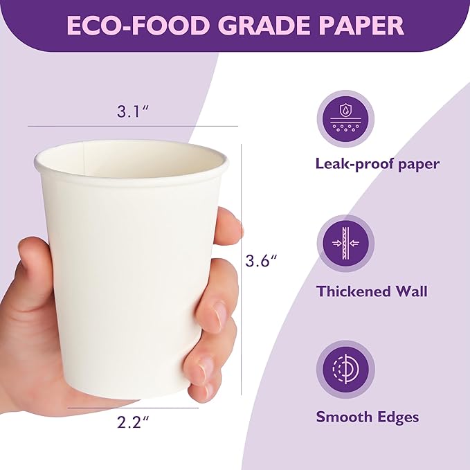 8 oz White Paper Coffee Cups, Disposable Hot Cups for Coffee, Tea, Cocoa, Water, 1000 Pack