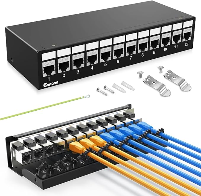 12Port Patch Panel CAT6A Keystone Patch Panel Shielded Network Patch Patch with Smart Cable Management for Home/Office Network (1U 12Port, CAT6A)