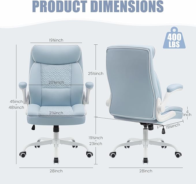 Executive Office Chair, Computer Desk Chair with Lumbar Support,Comfortable Leather Home Office Chairs 400lbs with Padded Flip-up Armrests, Adjustable Height, LightBlue