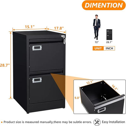 2 Drawer File Cabinet with Lock, Metal Vertical File Storage Cabinet, 18" Deep Vertical Filing Cabinets for Home Office to Hanging A4 Legal/Letter Size, Assembly Required (2 Drawer - Black)
