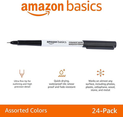 Amazon Basics Ultra Fine Point Permanent Markers, Assorted Colors, 24-Pack