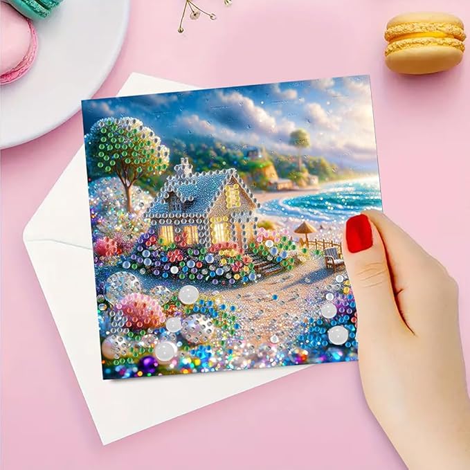 6pcs DIY Small House Diamond Art Painting Greeting Cards Kit, Rhinestone Art Holiday Birthday Card Set with Envelopes, DIY Festival Craft for Girlfriend, Christmas Valentine Gift Making Supplies