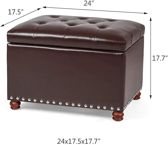 Adeco Button Tufted Accents Rectangular PU Leather Storage Bench Ottoman Footstool for Living Room Bedroom