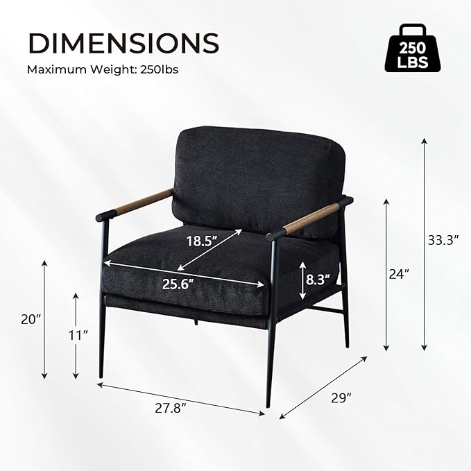 Accent Chair Set of 2,Mid Century Modern Armchair for Living Room,Bedroom,Office,Lounge Comfy Chenille Upholstered Soft Removable Washable Cushions and Pillows,Metal Wood-Grain Armrest Legs,2PCS,Black