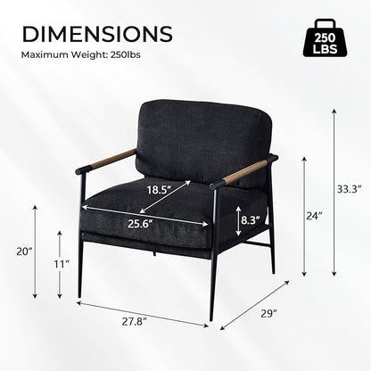 Accent Chair Mid Century Modern Armchair for Living Room,Bedroom,Office,Lounge Comfy Chenille Upholstered Soft Removable Washable Cushions and Pillows,Metal Wood-Grain Armrest Legs,Black