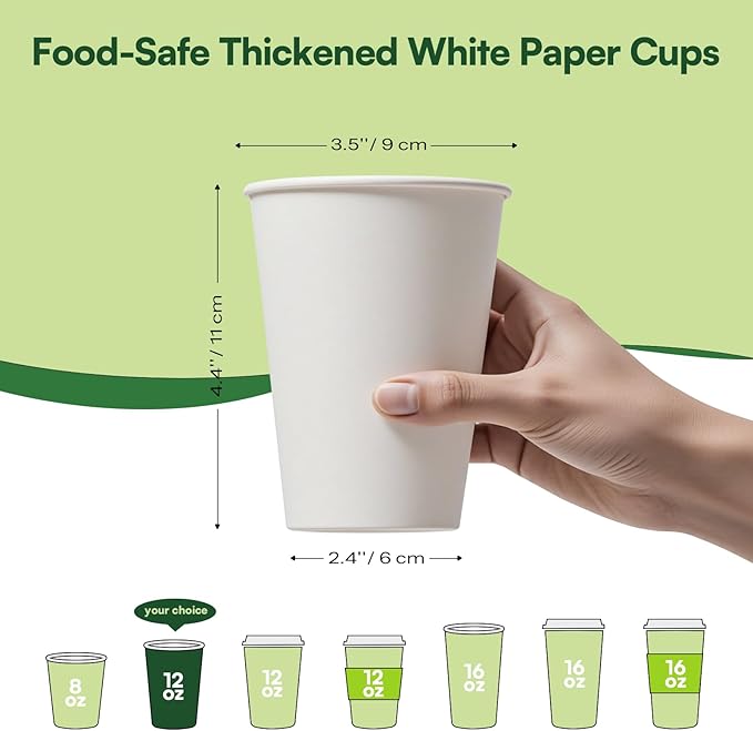 12 oz Coffee Cups Disposable White Paper Cups, 500 Pack BPA Free Leak Proof Hot Cups, 300GSM Thickened Disposable Cups,Unbleached Hot Cold Drink Cups for Everyday Home Office Coffee Bar Party Supplies