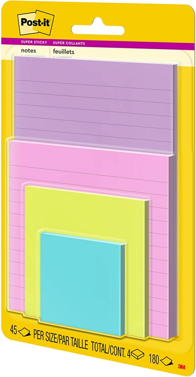 Post-it Super Sticky Notes, Assorted Sizes, 4 Pads, 2X The Sticking Power, Supernova Neons, Neon Colors, Recyclable (4622-SSMIA)