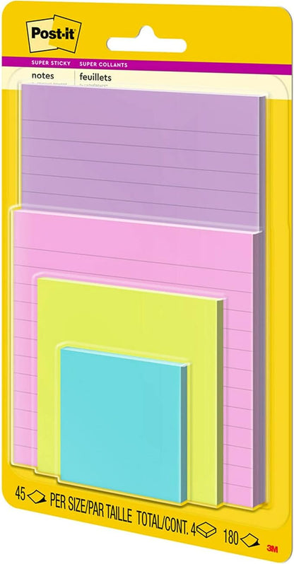 Post-it Super Sticky Notes, Assorted Sizes, 4 Pads, 2X The Sticking Power, Supernova Neons, Neon Colors, Recyclable (4622-SSMIA)