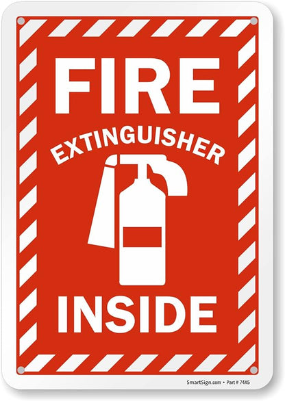 SmartSign 10 x 7 inch “Fire Extinguisher Inside” Metal Sign with Pre-cleared Holes, 40 mil Laminated Rustproof Aluminum, Red and white, Made in USA
