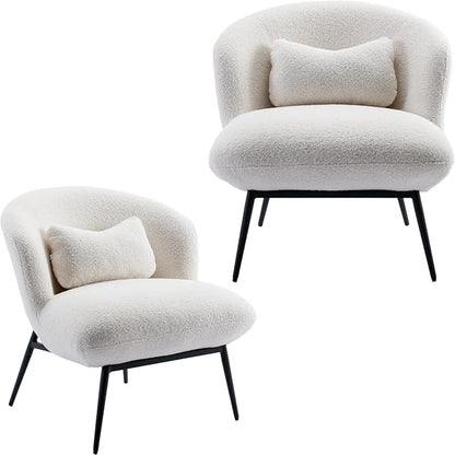 Modern Accent Chair Set of 2, Upholstered Sherpa Fabric Side Chair Guest Chair with Small Pillow Black Metal Legs, Comfy Lounge Chair for Living Room Bedroom, White