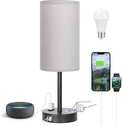 Fenmzee Touch Bedroom Lamp - Grey, 3-Way Dimmable, USB A + C Charging, AC Outlet, 17.4inch Medium