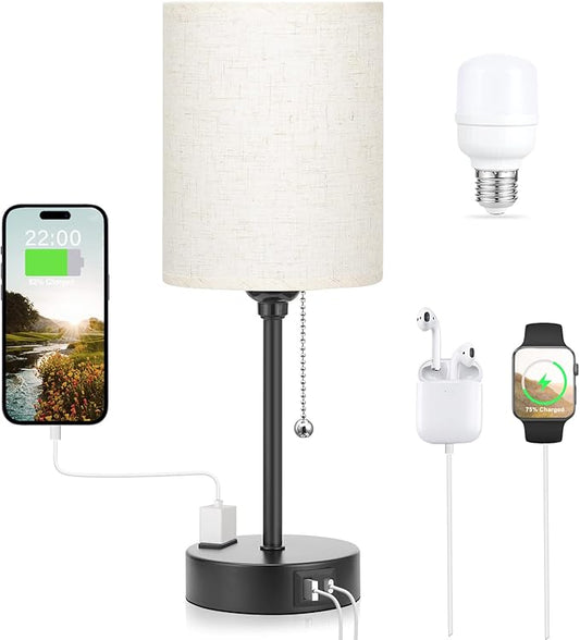 Small Bedside Lamps 3 Color Modes - Off White 3000K 4000K 5000K Bedroom Lamps with USB C and A Ports, Pull Chain Table Lamps with AC Outlet, Nightstand Lamps with Black Metal Base for Kids Reading