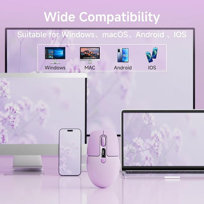 EWEADN Q1 Wireless Mouse, Bluetooth & 2.4G Silent Mouse Quiet Click with 3 DPI Levels, Battery & DPI Smart Display, 6 Button Small Portable Cordless Mice for Laptop/PC/Mac-Purple
