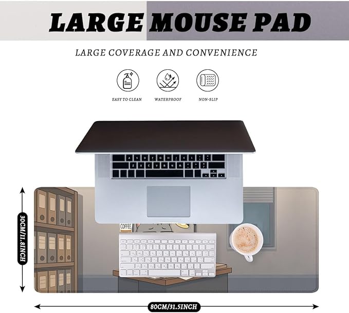 Funny Cat Desk Mat Cute Cartoon Office Coffee Addict Extended Gaming Mouse Pad Mat with Stitched Edge Non-Slip Base Big Mousepad 31.5"x11.8"