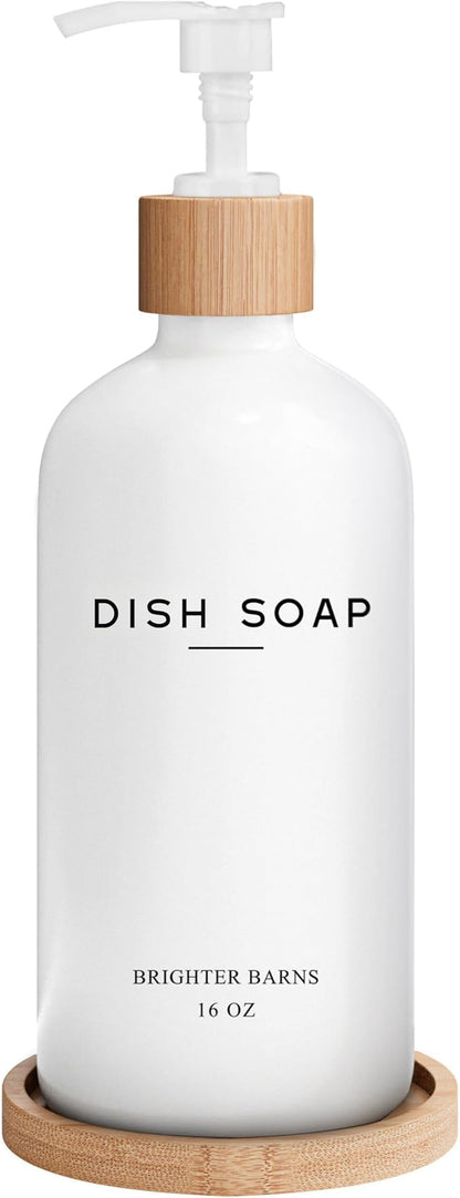 White Glass Dish Soap Dispenser for Kitchen Sink by Brighter Barns - Kitchen Soap Dispenser Set with Tray - Bamboo Pump Bottle - Neutral Minimalist Home Decor in RV, Office, Home, Airbnb, Gift (White)