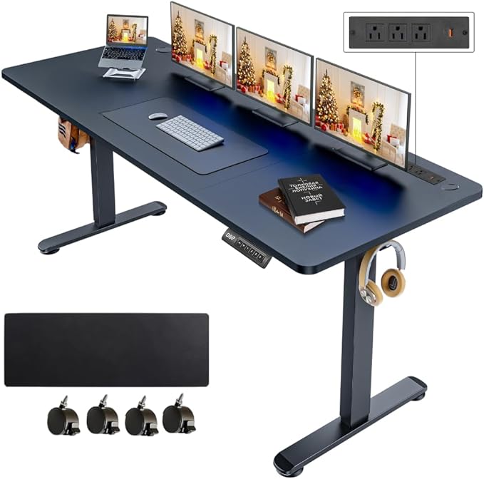 Electric Standing Desk 63 x 24 Inches Adjustable Height Sit Stand Up Desk for Home Office Computer Workstation with 2 USB Ports 3 AC Power Outlets Memory Preset and Wheels,Black