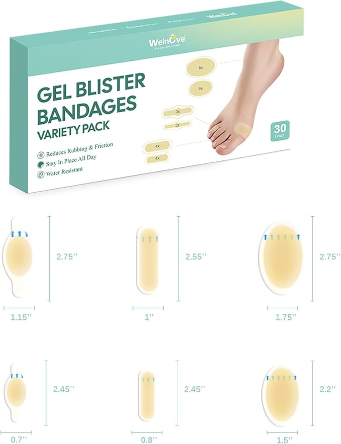 Welnove Gel Blister Bandages for Feet - 30ct Blister Cushion for Heel, Toe - Water-Resistant Hydrocolloid Bandages - Blister Pads for Prevention & Recovery