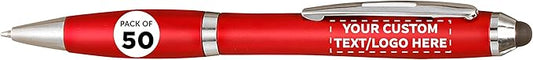 DISCOUNT PROMOS Custom Plastic Stylus Pens Set of 50, Personalized Bulk Pack - Black Ink, Great for Office, School, Business, Tradeshows, Events - Red