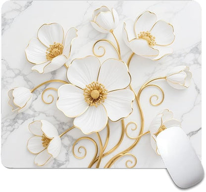 Square Mouse Pad White Marble Flowers, Personalized Premium-Textured Custom Mouse Mat Design, Washable Mousepad Cloth, Non-Slip Rubber Base Computer Mouse Pads for Wireless Mouse