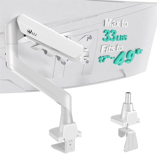 WALI Single Monitor Arm with Desk Mount for 17–49 Inch Screens – Holds Up to 33 lbs, Fully Adjustable VESA Monitor Stand, Heavy Duty Gas Spring for Gaming & Home Office (GSM001XLNW),White