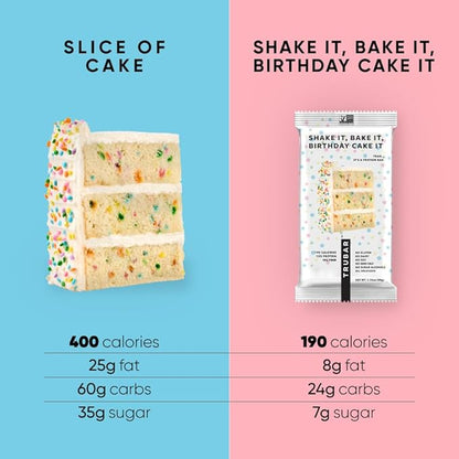 TRUBAR Vegan Protein Bar, Shake it Bake it Birthday Cake it, Gluten Free, Plant Based Protein, Dairy Free, Non GMO, Soy Free, No Sugar Alcohols, 12G Protein, 12G Fiber, 23G Carb, On the Go Snack Bars, 12 ct