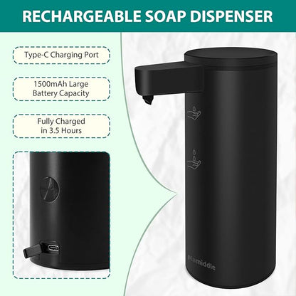Automatic Soap Dispenser Stainless Steel with Sensor Infrared Soap Dispenser Electric IPX5 Waterproof USB-C Charging Motion Sensor for Kitchen & Bathroom (Black)