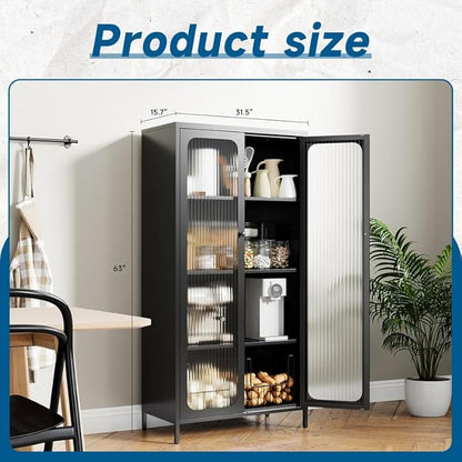 63'' Kitchen Pantry Storage Cabinet, Metal Display Cabinet with Glass Door and 3 Adjustable Shelves, Kitchen Hutch Storage Cabinet for Dining Room, Living Room, Assemble Required (Black)