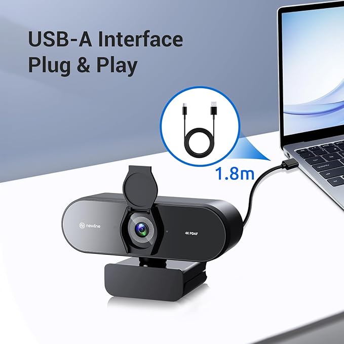 N newline 4K Webcam for PC, PDAF/CDAF Autofocus, 1080P@60FPS, 79° FOV, Auto Light Correction, 2 Noise Reduction Mics, Privacy Cover, USB-A, Streaming Camera for Skype, Teams, Online Meeting, NewEye 62