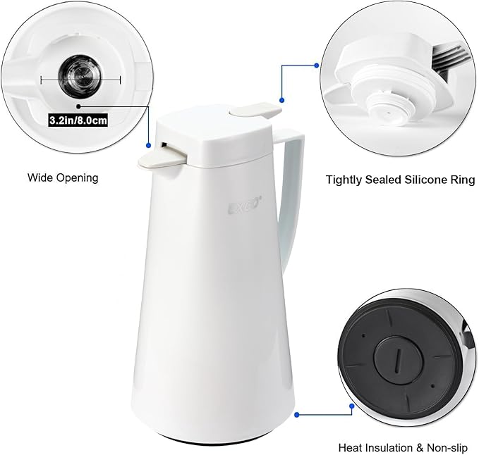 EXCO 1.0L / 34Oz Premium Thermal Coffee Carafe, Glass Lined Insulated for Keeping Hot Liquids, Vacuum Coffee Tea Pot, Large Beverage Drink Container Dispensers, 12 Hour Heat 24 Hour Cold (White)