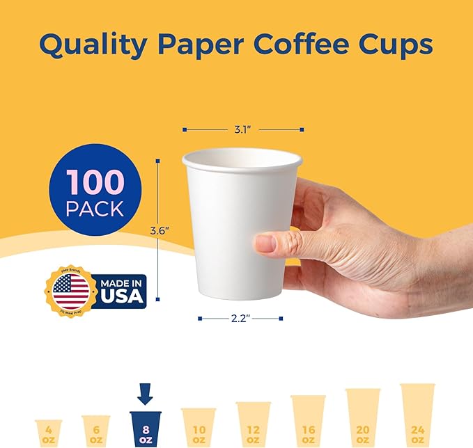 Fit Meal Prep 100 Pack 8 oz Disposable Paper Coffee Cups, Premium White Hot Cups for Hot/Cold Beverage, Durable Thickened Paper Cup Bulk for Party, Daily Use, Office, Home, Bistros