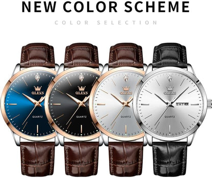 OLEVS Mens Watches Vintage Leather Band Dress Classic Easy Reader Arabic Numerals Analog Quartz Waterproof Date and Day Blue/Black/White Large Face Men's Wrist Watches