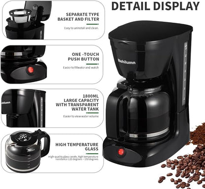 12 Cup Drip Coffee Maker Machine, Coffee Pot Machine Permanent Coffee Filter,1.8L Glass Carafe Electric Coffee Maker,950W Black