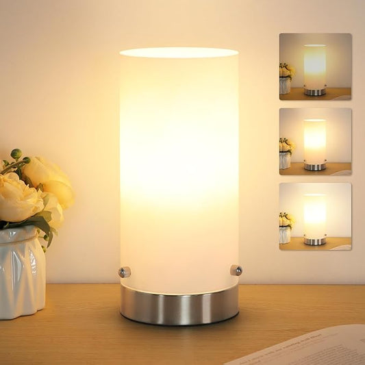 Bedside Table Lamp for Bedroom, 3 Way Dimmable Touch Control Table Lamps for Nightstand, Modern Desk Lamp with Glass Lamp Shape, 2700K 6W Bulb Included(Nickel).