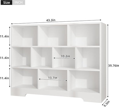 Book Shelf Set of 2, 10 Cubes Storage Organizer, 3-Tier Open Shelf Wooden Bookcase, Freestanding White Bookshelf Cube Shelf for Bedroom, Living Room, Home Office