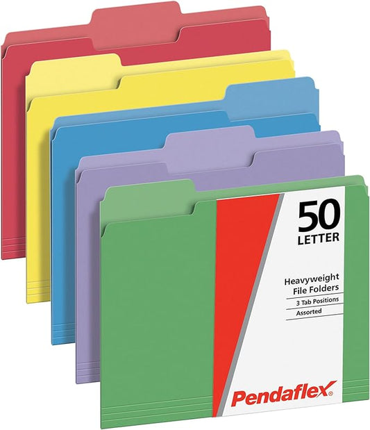 Pendaflex Heavyweight File Folders, Assorted Colors, Letter Size, 1/3-Cut Tabs, Extra Durable, 50/Box, Great for Office Filing & Organization (1006536)