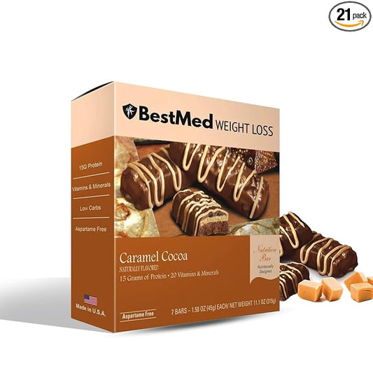 BestMed - High Protein Nutrition Bar - Low-Carb, 15g Protein, Low Sugar, High Fiber, Low Calorie, Meal Replacement Bar (Caramel Cocoa, 3 Box - 21 Count)