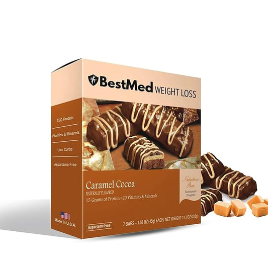 BestMed - High Protein Nutrition Bar - Low-Carb, 15g Protein, Low Sugar, High Fiber, Low Calorie, Meal Replacement Bar (Caramel Cocoa, 4 Box - 28 Count)
