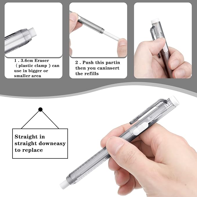 12 Pieces Retractable Mechanical Eraser Pen Bulks Retractable Mechanical Stick Eraser Refill for Teacher Gifts Painting Writing Office Daily Study (Clear Black)