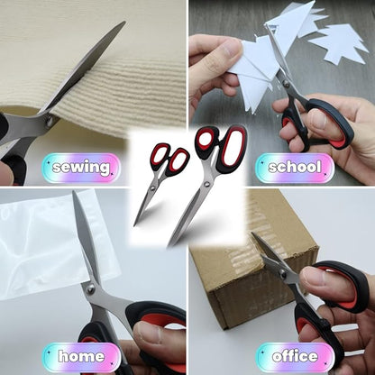 Scissors, 2-pack multi-functional set - stainless steel with comfortable grip. Suitable for handicraft, office cutting, cutting fabric, leather & paper. Ideal for left & right-handed users