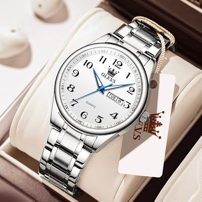 Men's Casual Stainless Steel Watch, Big Face Easy to Read Analog Quartz Watch with Day and Date, Classic Waterproof Diamond Roman Arabic Numerals Dial Dress Watch for Men, Gold Silver Black Band