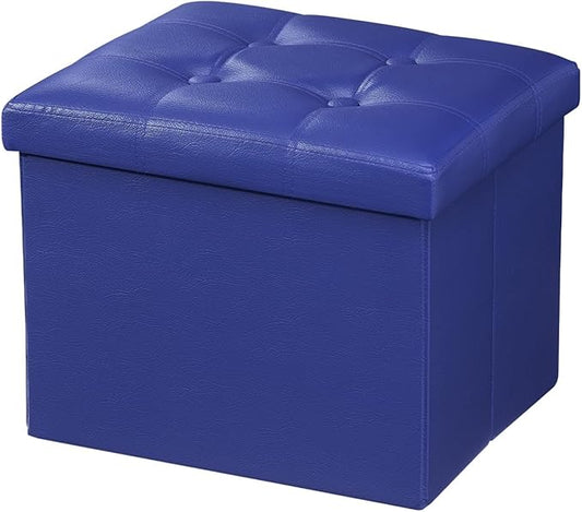 AmasSmile Storage Ottoman Folding Foot Rest Stool, Leather Footstool Bench, Short Ottoman Stool, Storage Foot Rest Store, Books (Blue, 17" D x 13" W x 13" H)