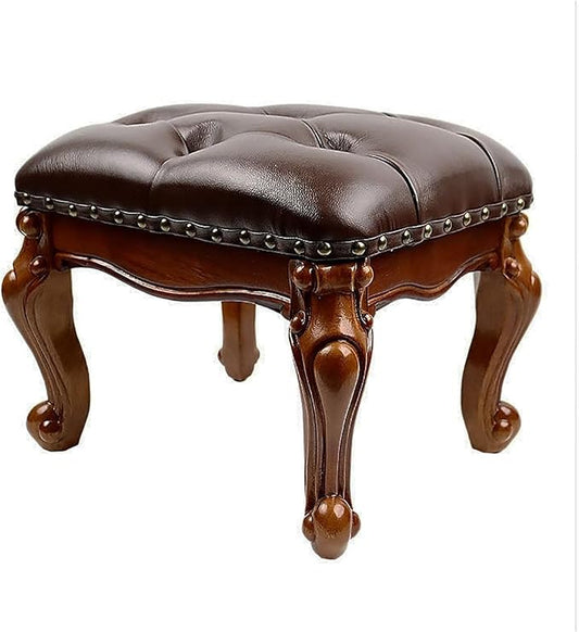 Leather Foot Stool,Vintage Footstools,Wooden Footrest,Upholstered Foot Rest for Living Room,Sofa,Entryway,Solid Wood Stool (Cherry)