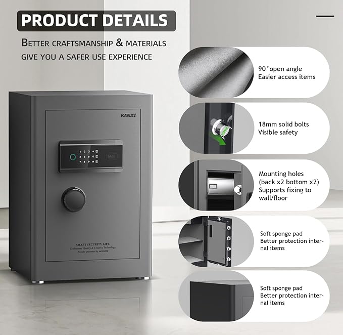 KAPUCI Touchscreen Biometric Fingerprint Safe Box,Full Soft Package Interior with Private Inner Door Digital Heavy Personal Private Cabinet Home Safes,Suitable for Home, Office, Bedroom(Grey)