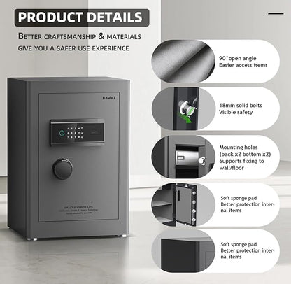 KAPUCI Touchscreen Biometric Fingerprint Safe Box,Full Soft Package Interior with Private Inner Door Digital Heavy Personal Private Cabinet Home Safes,Suitable for Home, Office, Bedroom(Grey)