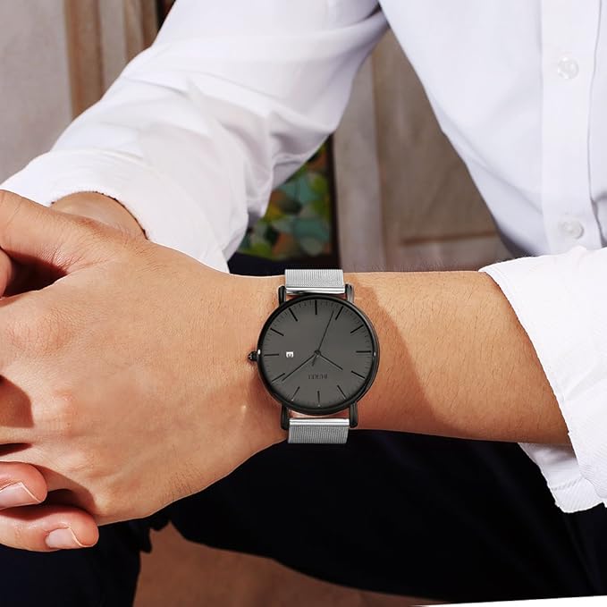BUREI Men Watches Brown Leather Fashion Minimalist Wrist Watch Simple Ultra Thin Waterproof Quartz Watches All Black Stainless Steel Mesh Band,Gift for Men Women