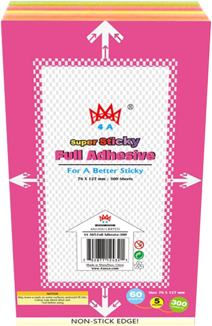 5 Pads Full Adhesive Sticky Notes 3 x 5 in, 5 Bright Colored Sticky Notes Full Adhesive Back for Home Office School Supplies, 60 Sheets/Pad, 300 Sheets Total, 4A 305-Full Adhesive-300