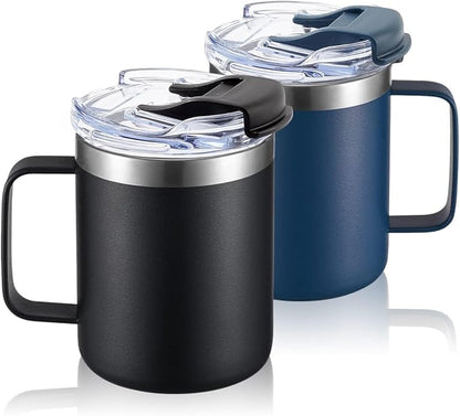 ALOUFEA 12oz Stainless Steel Insulated Coffee Mug with Handle, Double Wall Vacuum Travel Mug, Tumbler Cup with Fliping Lid, Black and Navy